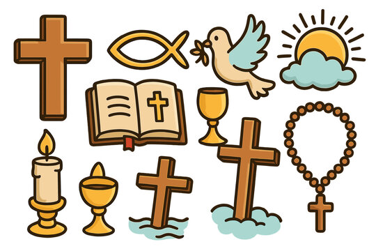 Christian religion symbols icon set. Catholic faith spiritual elements. Cross, Bible, holy spirit dove, Jesus fish, Eucharist chalice, rosary beads, candle, sun. God vector cartoon. - Powered by Adobe