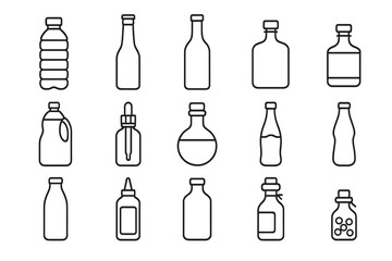 Bottle icon set thin line art vector. Collection of container shapes for drinks, medicine, and cosmetics. Simple outline illustration for packaging, web, and app design.