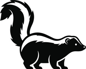 A bold, black and white illustration of a skunk, showcasing its distinctive stripes and bushy tail. The simple design is striking and memorable.