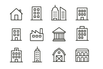 Fototapeta premium Building icon set. Real estate and architecture thin line icons. Vector collection of city and town symbols: house, office, bank, hospital, factory, skyscraper, barn. Editable stroke.