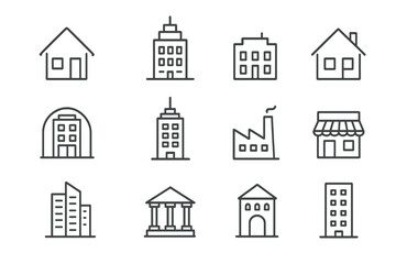 Fototapeta premium Building line icon set. Real estate and architecture symbols. Thin outline pictograms of house, office, factory, bank. Editable stroke vector for web and app design.