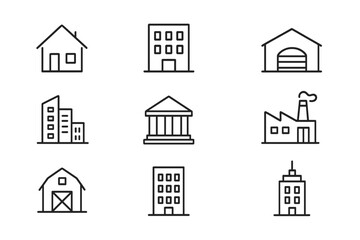 Fototapeta premium Building line icon set. Real estate and construction thin line icons. House, office, bank, factory, barn pictogram collection. Minimal vector symbols with editable stroke.
