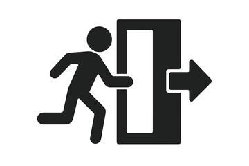 Emergency exit sign with running man icon. Evacuation route symbol for safety and fire escape. Person running to a door with an arrow. Way out concept vector illustration.
