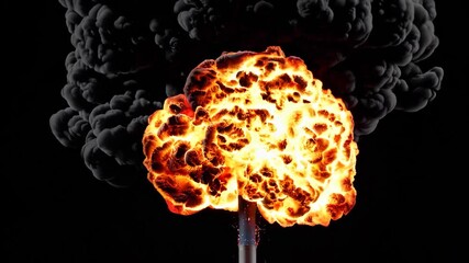 Intense fiery fireball with rolling black smoke and glowing sparks, isolated on black background, cinematic realistic explosion effect for VFX and commercial stock