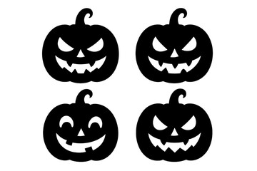 Halloween pumpkin silhouette set. Jack o lantern faces icon collection. Scary, evil, funny and happy carved gourd characters. Spooky holiday vector graphic illustration.