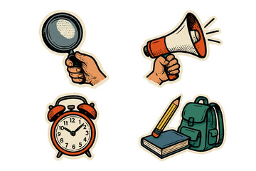 Back to school retro sticker set. Vintage halftone illustration collection with hand holding megaphone, loupe, alarm clock, backpack. Education, study and research concept.