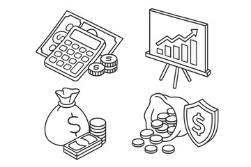 Finance isometric line icon set. Business investment and savings concept. Vector illustration of money protection, accounting, profit analysis, data chart, and wealth management.