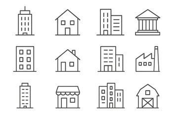 Fototapeta premium Building line icon set. Real estate and architecture symbols. Vector thin line icons of house, home, office, bank, factory, shop and barn. Editable stroke pictogram collection.