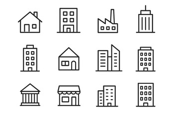 Fototapeta premium Building line icon set. Real estate and architecture symbols. Home, office, factory, bank and store outline pictograms. Simple vector illustration for web and apps.