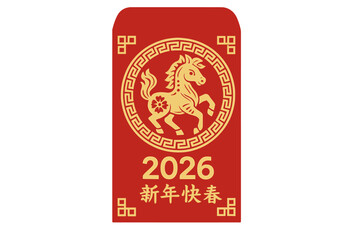 Fototapeta premium Chinese new year 2026 year of the Horse. Red envelope lucky money packet design. Golden horse zodiac sign. Spring festival paper cut vector template with greeting.