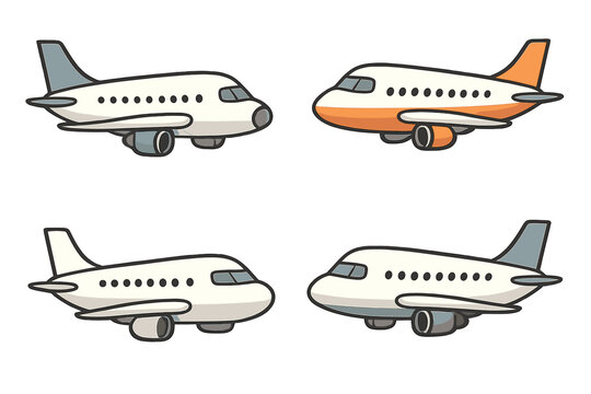 Airplane cartoon vector illustration set. Collection of cute passenger jets. Aviation transport concept for travel and tourism design. Simple flat aircraft icon pack isolated.