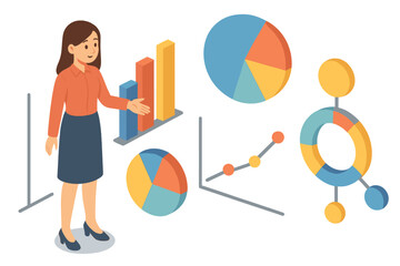 Businesswoman presenting data analysis on graphs. Isometric vector of data visualization, financial analytics, and marketing report with charts and infographics concept.