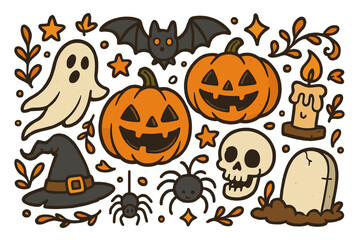 Set of cute Halloween cartoon elements. Vector doodle illustration collection of spooky icons. Ghost, jack o'lantern pumpkin, bat, spider, skull, witch hat, tombstone.