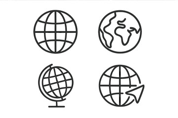 Globe line icon set. World map and Earth planet symbols. Global communication, travel, and web concepts. Minimalistic vector pictograms with editable stroke for apps.
