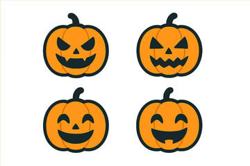 Fototapeta premium Halloween pumpkin icon set. Jack o lantern face collection. Spooky, evil, scary, happy emotions. Autumn holiday symbols. Vector cartoon illustration. Flat design elements.