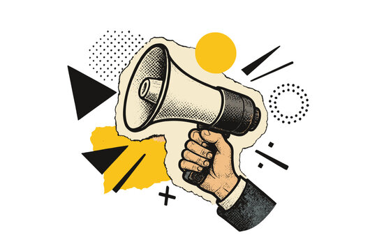 Hand holding megaphone for announcement. Retro collage concept for breaking news or sale promotion. Vintage halftone illustration with abstract geometric elements and torn paper.