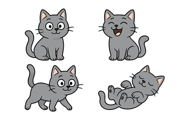 Cute cartoon gray cat poses set. Collection of a funny kitten character sitting, walking, sleeping on its back, and laughing. Adorable domestic pet animal vector pack.