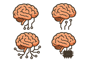 Human brain with circuits and chip icon set. Artificial intelligence, machine learning, neural network technology. BCI, cybernetics concept. Digital mind vector illustration.