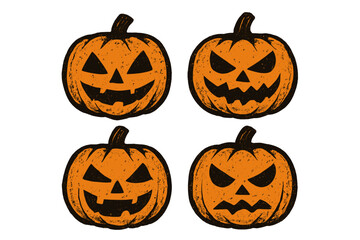 Halloween pumpkin icon set. Jack o lantern silhouette. Spooky carved face collection. Scary autumn symbol. Grunge textured vector illustration for horror or holiday design.