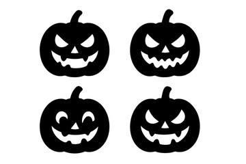Halloween pumpkin silhouette vector icon set. Jack o lantern with scary, evil, and happy face expressions. Spooky autumn holiday cartoon illustration. Carved pumpkin emotion.