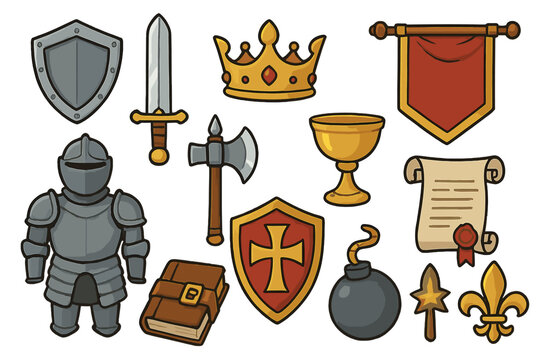 Medieval fantasy icon set for RPG games. Cartoon vector collection of a knight in armor, sword, shield, royal crown, goblet, banner, and axe. Kingdom and chivalry elements. - Powered by Adobe
