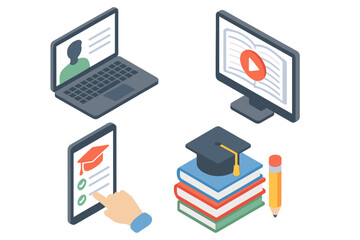 Learning management system isometric icon set. E-learning, online education concept. Webinar, distance training, digital course. Graduation cap, book, laptop. Vector illustration.