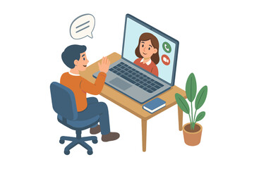 Man on video call with woman. Online meeting concept for remote work. Virtual conference from home office. Person talking on laptop webcam. Communication technology vector.