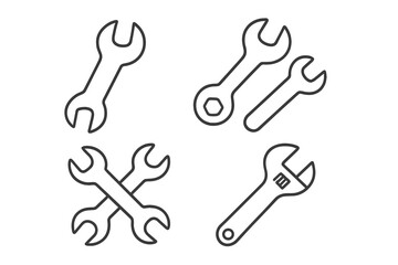 Naklejka premium Set of minimalistic wrench line icons, editable stroke vector tools, linear pictogram design for apps, cards, banners, posts, mechanic and repair equipment collection