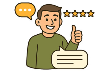 Happy customer giving positive review, five star rating and thumbs up. Man testimonial for excellent service. Client satisfaction, quality work, and user experience concept.