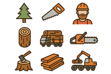 Logging industry icon set. Lumberjack wood production. Forestry and timber harvesting vector concept. Tree, log, saw, chainsaw, axe, truck and planks spot illustrations.