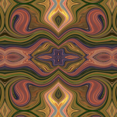 Symmetrical abstract pattern with green, purple, and orange swirls forming kaleidoscopic designs. Perfect abstract, pattern, geometry, symmetry, and texture art.