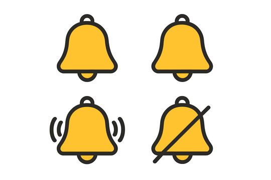 Notification bell icon set for web and app user interface. Includes ringing, active, and silent bell modes. Vector alert symbol for new messages and reminders. Subscribe button.
