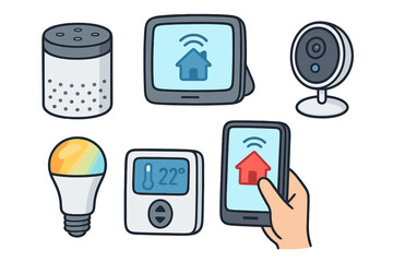 Smart home devices vector icon set. IoT automation technology for modern living. Includes smart speaker, security camera, lightbulb, thermostat, phone app control. Cartoon illustration.