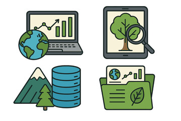 Environmental data analysis icon set. Sustainability research and eco technology concept. Global ecology report, green business growth chart, and nature database symbols.