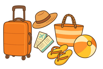 Summer vacation travel essentials set. Beach holiday collection with luggage, sun hat, tickets, bag, flip flops and ball. Vector cartoon illustration for tourism concept.