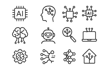 Artificial Intelligence line icon set. AI, machine learning, data science pictograms. Symbols for robot, brain, neural network, chip, deep learning. Editable stroke vector icons.