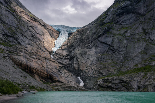 View of Briksdalsbreen glacier and Briksdalselva river (Norway)
