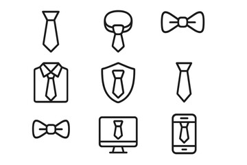 Tie icon set for UI design, app interfaces, placards, books, cards, editable stroke vector collection, simple cartoon style, transparent background, versatile business accessory illustrations