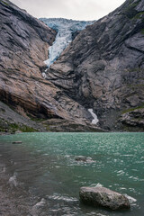 View of Briksdalsbreen glacier and Briksdalselva river (Norway)