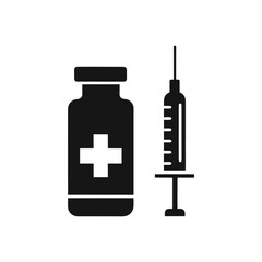 Medical Syringe and Vial Icon with Plus Symbol Silhouette Isolated on White Background