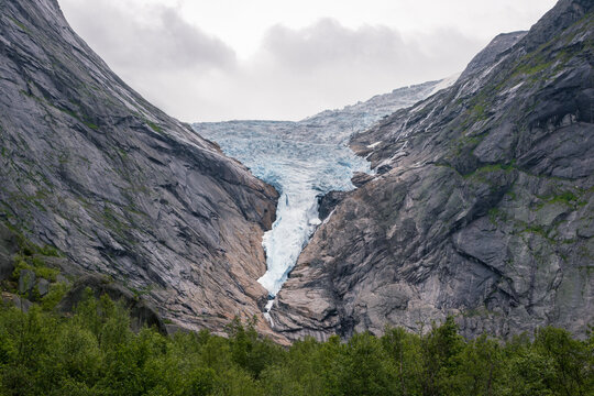 View of Briksdalsbreen glacier and Briksdalselva river (Norway)