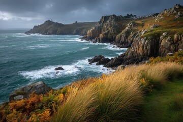 and keyword list based on the image, aiming for the specified format

 Waves Crashing on Rocky Coastline Under Moody Sky at Scenic Coastal Region.