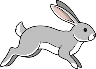 Line art illustration of a grey rabbit, hare, or bunny mid-leap. The artwork features a simple, elegant style with subtle shading.