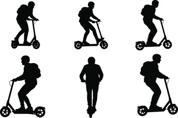 Silhouette man riding electric scooter, urban transport, eco mobility, city commuting, modern lifestyle, street travel, personal transportation, green energy, mobility solution