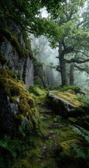 Misty forest path winds through mossy rocks