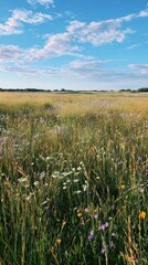 Obraz premium Sunny field of wildflowers with a blue sky and fluffy clouds