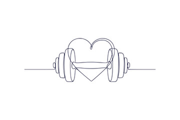 Continuous line art drawing vector illustration of a heart symbol combined with dumbbells © Tajul