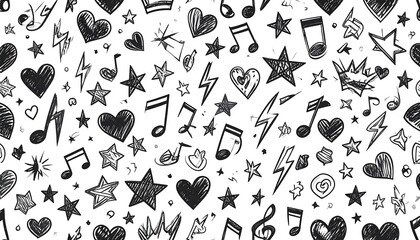 A fun, vibrant pattern features various doodle-style icons, including hearts, stars, musical notes, and lightning bolts, all in a black ink sketch style on a clean white background.