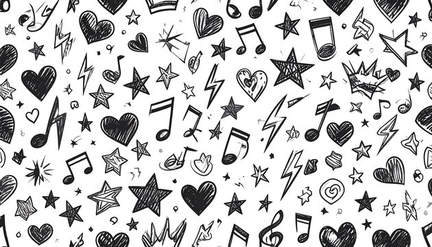 A fun, vibrant pattern features various doodle-style icons, including hearts, stars, musical notes, and lightning bolts, all in a black ink sketch style on a clean white background. - Powered by Adobe