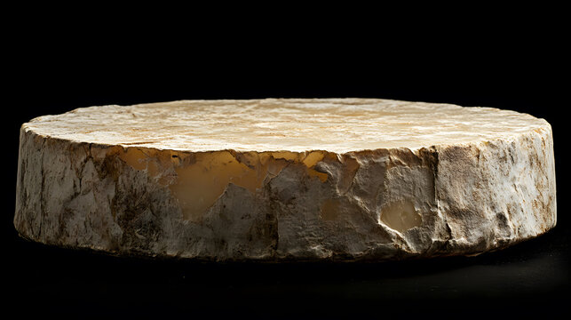 A whole round of soft cheese with a bloomy rind on a black background. Close-up.